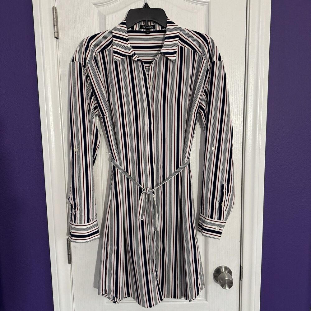 EXPRESS Striped Red White Blue Button Shirt Dress Tie Waist Roll Tab Size Medium